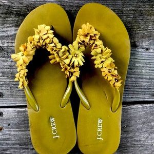 Jcrew flip-flops with flowers olive green/gold .